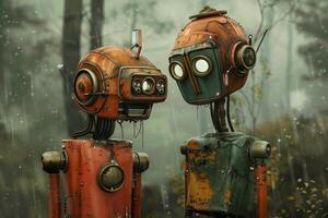 Enigmatic rusty robots in misty forest photo