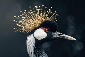 Closeup view of an elegant crowned crane with a regal feather display photo