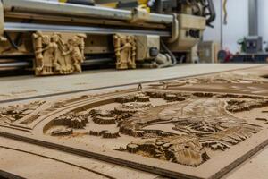 Cnc router carving artistic panel in workshop photo