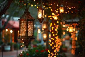 Vintagestyle lanterns illuminate a garden pathway at dusk with bokeh lights photo