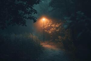 Mystical forest path at night with glowing lamp post photo