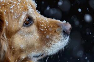 Closeup of a golden retriever with snowflakes on its fur against a dark, snowy background photo