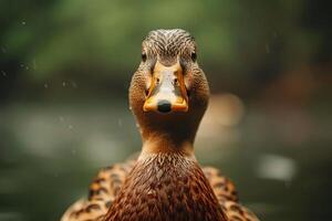 Closeup of a brown duck in rain photo