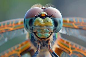 Closeup of a dragonfly's head revealing intricate eye patterns and vibrant colors photo