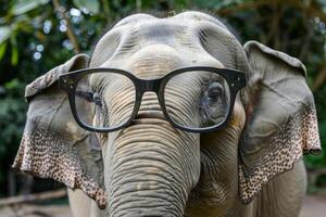 Closeup of an asian elephant with large glasses, conveying a humorous and intelligent expression photo