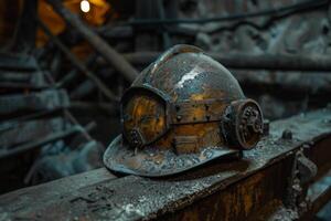 Vintage mining helmet on wood in rustic setting photo