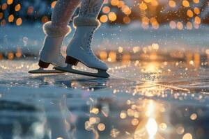 Close up of ice skates on a frozen pond with sparkling lights photo