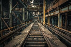 Moody image showcasing deserted railway lines inside a dilapidated industrial factory photo