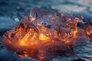 Close up of an iridescent iceberg chunk, illuminated by warm light on water at dusk photo