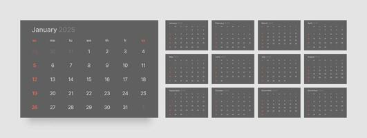 Monthly calendar template for 2025 year. Wall or desk calendar in dark color. Week Starts on Sunday. vector