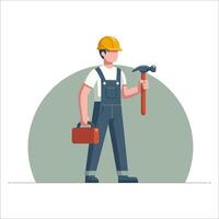 A man in overalls holding a toolbox and hammer vector