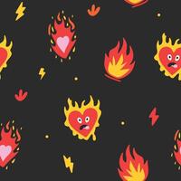 Seamless pattern with cartoon heart and fire. Y2k seamless pattern of funny cartoon hearts and elements. illustration. vector