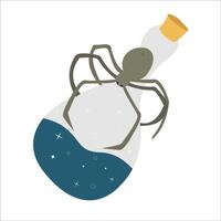 The witch's elixir, a bottle of poison, a potion. The spider on the bottle. illustration on a white background. vector