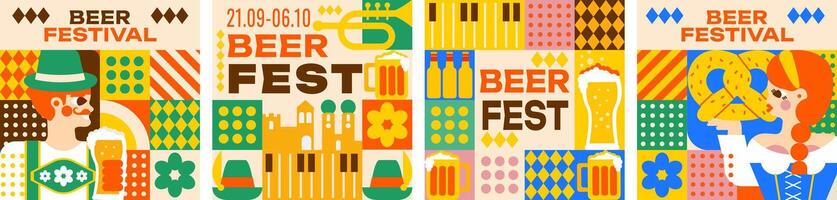 Octoberfest mosaic flat design. National flavor, pretzels, musical instruments, beer mugs, festive atmosphere and lots of beer. Set of editable templates for social media, event flyers, invitation vector