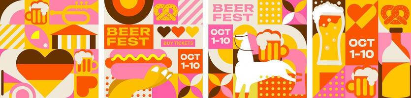 Octoberfest mosaic modern design. Pretzels, hot dog, beer mugs, festive atmosphere and lots of beer. Set of editable templates for social media, event flyers, posters, patterns and more vector
