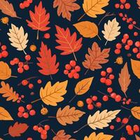 seamless pattern with bright autumn leaves and berries on dark blue background. vector