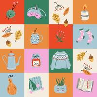 Geometric Autumn cozy elements seamless pattern. Hygge style print. Patchwork. Cute fall background. Hand drawn flat design illustration. vector
