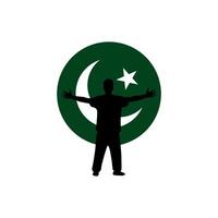 Pakistani Students stands with wide open hands palm extended and pakistan flag background. vector