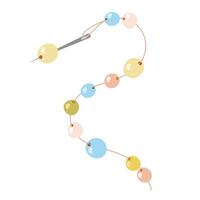Cartoon drawing of a needle with beads strung on thread. Hobby and handmade concept. vector