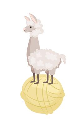 A cute cartoon alpaca stands on a ball of yarn. The symbol of natural wool. Concept of handmade and hobby knitting.
