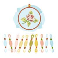 A set of embroidery elements, handmade, hobby. Panels with embroidered cross-stitch rose. Different colors of muline embroidery thread. vector