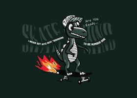 A fun and quirky illustration of a dinosaur riding a skateboard with flames shooting from the board vector