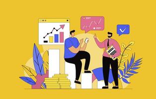 Business statistic concept with modern flat design for web. Colleagues analyzing data and financial report, discussing presentation with calculating and doing market research. illustration. vector