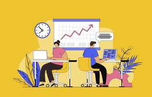 Open space concept with modern flat design for web. Man and woman working together in coworking office, freelancers collaborating and teamwork, discussing and brainstorming. illustration. vector