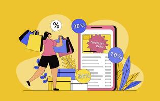 Shop loyalty program concept with modern flat design for web. Woman receiving discount card with cumulative bonuses for regular customer from store and making bargain purchases. illustration. vector