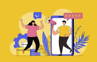 Mobile marketing concept with modern flat design for web. Marketer with megaphone making advertising campaign in application with promo mailings and gifts for attract new buyers. illustration. vector