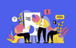 Business training concept with modern flat design for web. Colleagues listening to coach at business meeting, improving and learning professional skills for career development. illustration. vector
