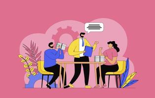 Focus group concept with modern flat design for web. Colleagues doing market research and studying buyers, discussing at meeting, doing consumer interview with product feedback. illustration. vector