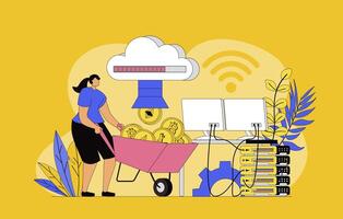 Cryptocurrency technology concept with modern flat design for web. Woman invests in bitcoins and other virtual coins at marketplace, mining digital money at farm, earning profit. illustration. vector