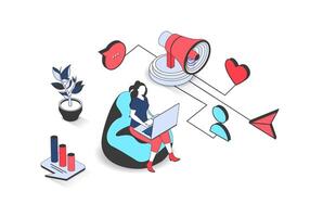 Social media marketing 3d isometric concept with isometry people design for web. Woman making online promotion, attracting new following audience, sending promo messages in chats. illustration. vector