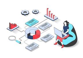 Data analysis 3d isometric concept with isometry people design for web. Woman working at laptop, making finance research and report, analyzing big datum at diagrams and graphs. illustration. vector