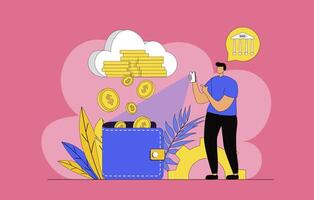Virtual finance concept with modern flat design for web. Man manages personal money in digital wallet and bank account, makes transaction and using banking services in mobile app. illustration. vector