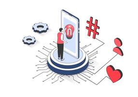 Social media 3d isometric concept with isometry people design for web. Man searching online informaion and news, sending messages in chats, following, likes and commenting posts. illustration. vector