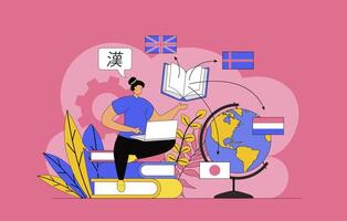 Language courses concept with modern flat design for web. Woman studies online and learning foreign languages, speaking with native speakers at international network classes. illustration. vector