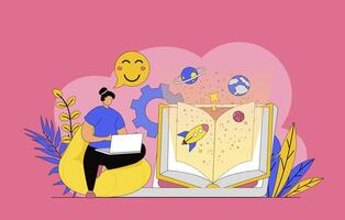 Online reading concept with modern flat design for web. Woman reading e-books on laptop, learning with digital textbook, enjoying literature and getting internet information. illustration. vector