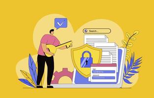 Network security concept with modern flat design for web. Man using secure login and key to personal account, protecting data and files on laptop with verification shields. illustration. vector