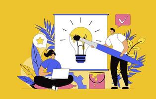 Creative agency concept with modern flat design for web. Team generates new ideas and brainstorming, developing advertising campaign for business, drawing digital art in studio. illustration. vector