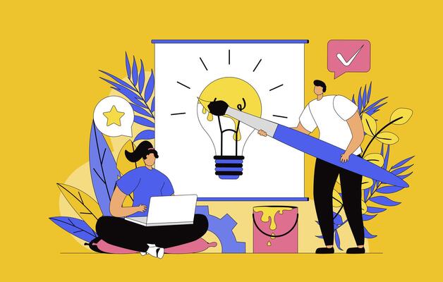 Creative agency concept with modern flat design for web. Team generates new ideas and brainstorming, developing advertising campaign for business, drawing digital art in studio. illustration.