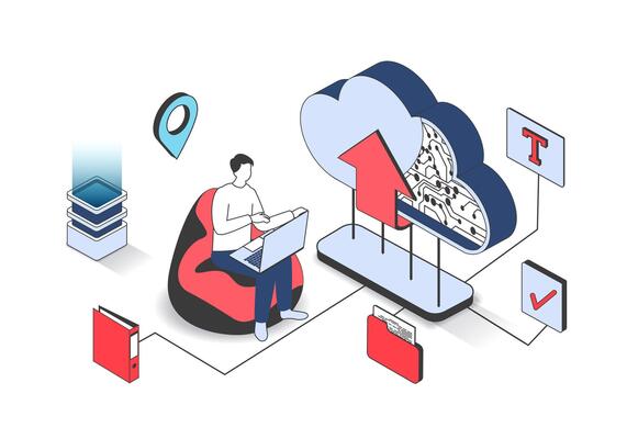 Cloud technology 3d isometric concept with isometry people design for web. Man working at laptop, downloading information and digital files, making backup, processing data online. illustration.