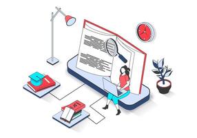 Education 3d isometric concept with isometry people design for web. Woman learning distantly using laptop, reading textbooks, making homework online and studying at university. illustration. vector