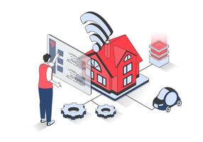 Smart home 3d isometric concept with isometry people design for web. Man monitoring automation systems of security, electricity, surveillance and other using digital screens. illustration. vector