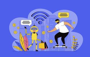 Futuristic megalopolis concept with modern flat design for web. Man using vr headset and flying drones, living in smart city with wireless technologies and robot assistants. illustration. vector