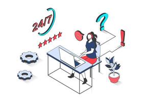 Technical support 3d isometric concept with isometry people design for web. Woman in headset answering calls and online messages, consulting clients and solving tech problems. illustration. vector
