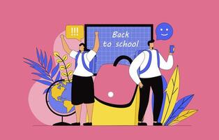 Back to school concept with modern flat design for web. Schoolgirl and schoolboy with backpack going to classroom with blackboard, learning at lessons and studying at seminars. illustration. vector