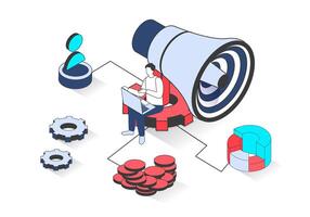 Marketing 3d isometric concept with isometry people design for web. Man with huge megaphone doing advertising campaign, analyzing audience information and making online promotion. illustration. vector