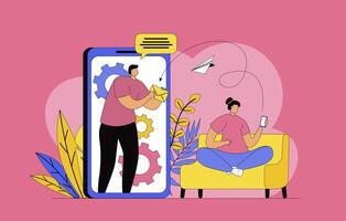 Mobile email service concept with modern flat design for web. Woman writing new digital letter and sending in smartphone app, man receiving new mail and mailbox notifications. illustration. vector